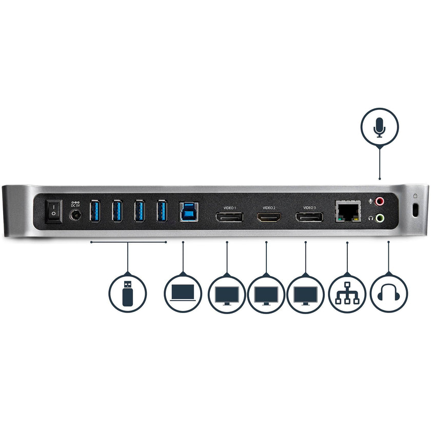 StarTech - Docking Station Triple Monitor USB-A 30 HDMI & 2 DisplayPort PC/Mac - Black & Silver