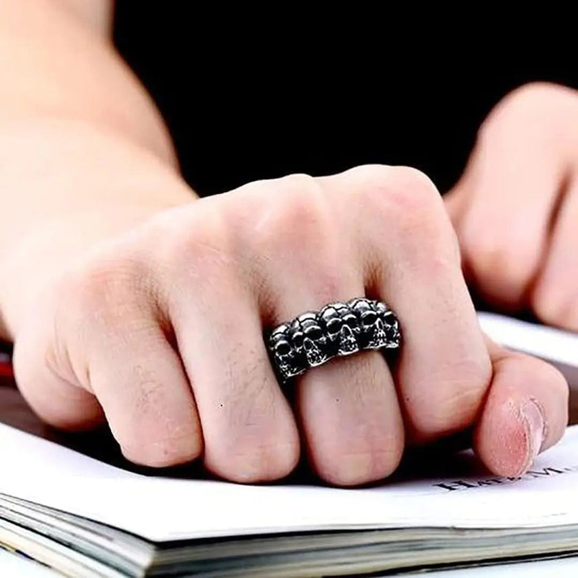 SteelTime Men's Stainless Steel Gothic Vintage Biker Skeleton Head Ring