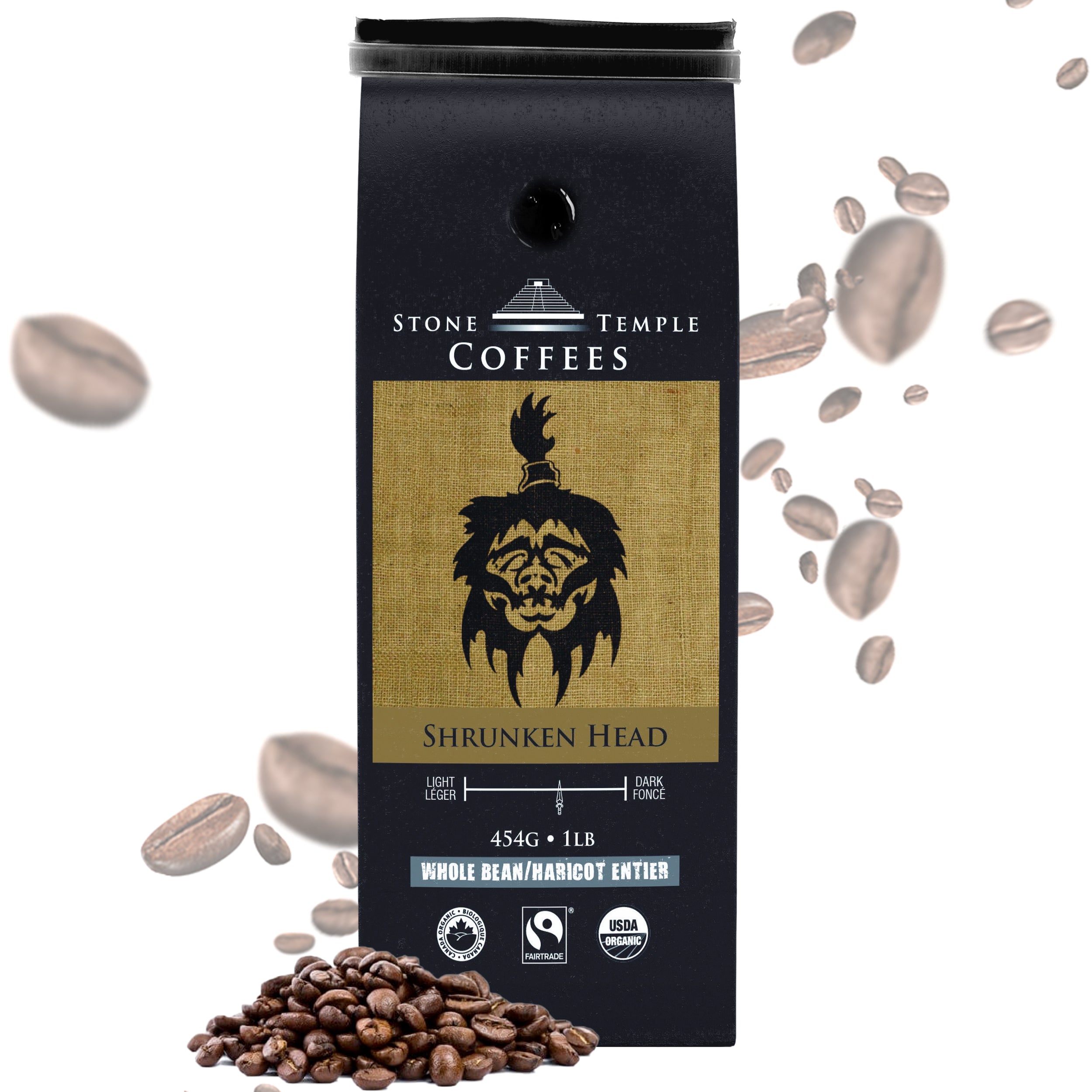 Shrunken Head - Whole Bean, Bold Medium Roast, Certified Organic OCIA/ Fairtrade Coffee 1lb/454g
