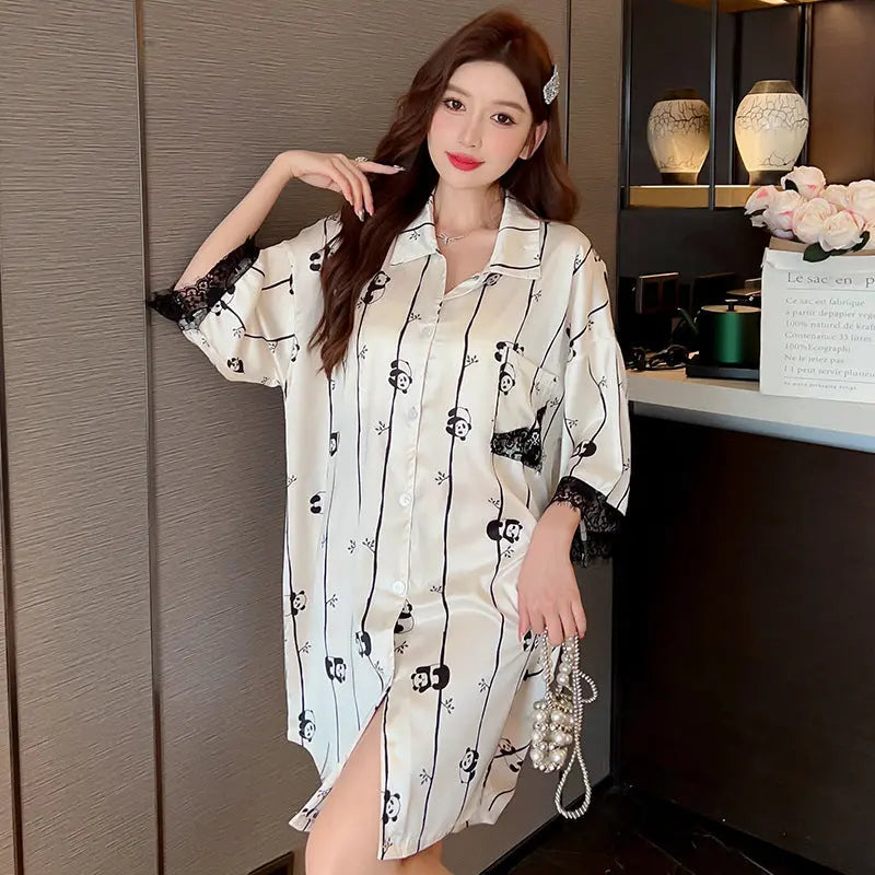 Striped Shirt Dress Short Sleeve Plus Size Loose Pajamas For Women
