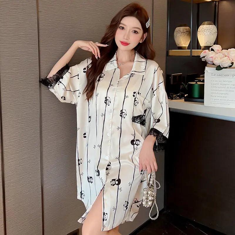 Women's Ice Silk Striped Shirt Dress Pajamas – Plus Size Loose Summer Sleepwear Canada