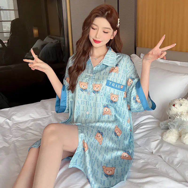 Striped Shirt Dress Short Sleeve Plus Size Loose Pajamas For Women