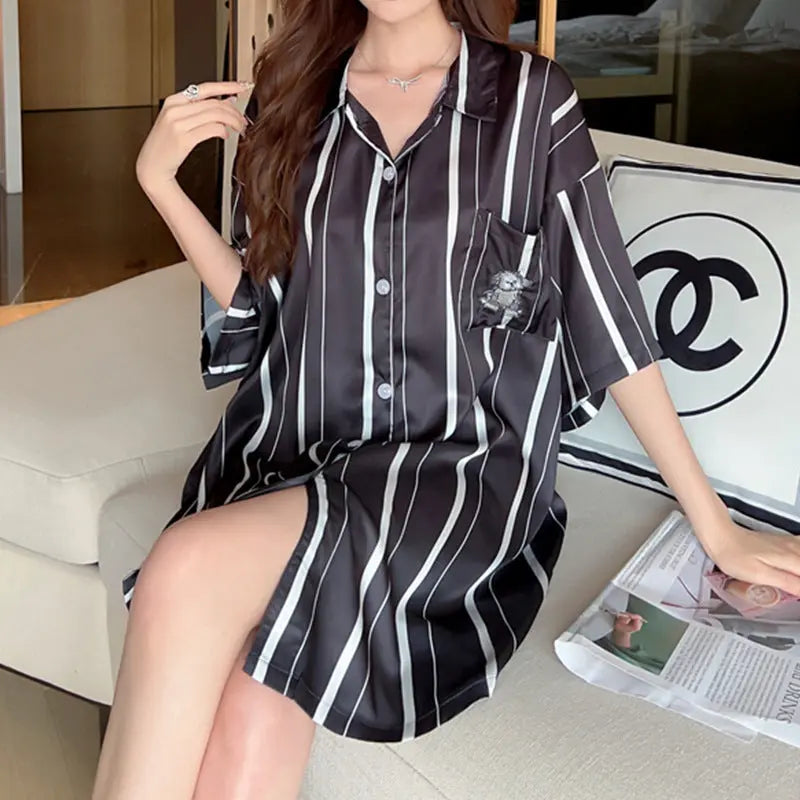 Striped Shirt Dress Short Sleeve Plus Size Loose Pajamas For Women