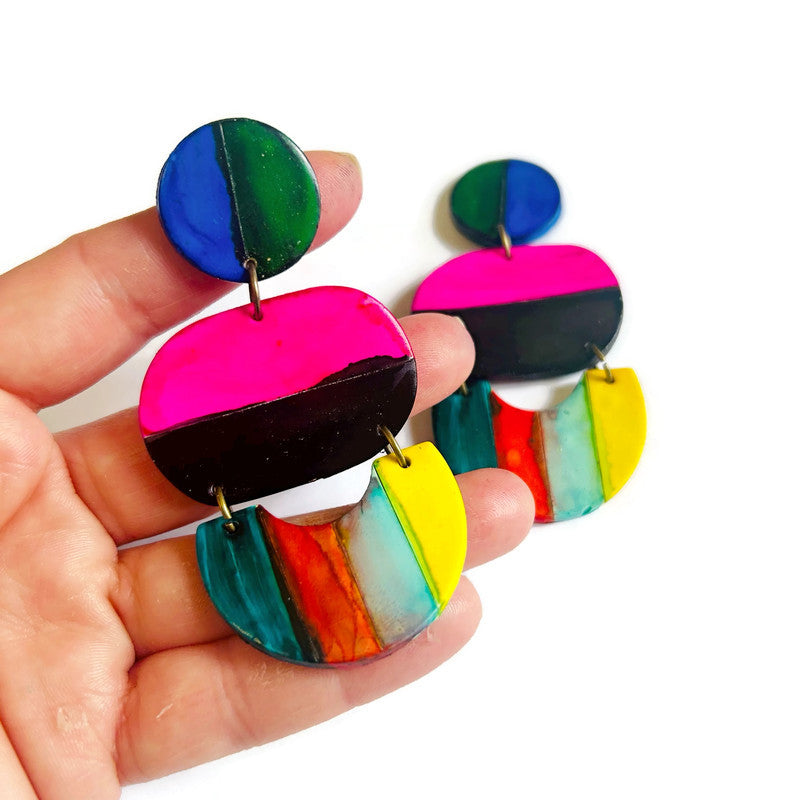 Oversized Multicolor Striped Statement Earrings Handmade