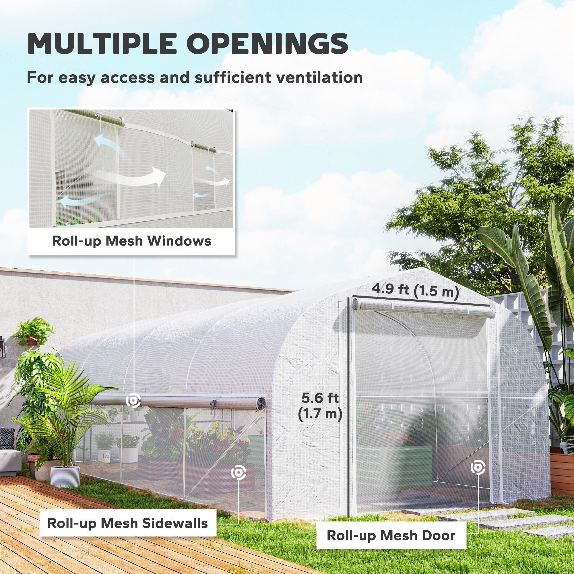 Outsunny 19.5' x 10' x 6.6' Tunnel Greenhouse Outdoor Green House with Roll-up Mesh Sidewalls, Mesh Door, Galvanized Steel, White