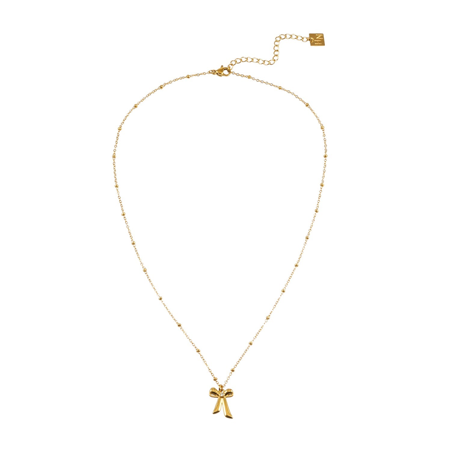 TALIANA Gold : Collier délicat à perles avec pendentif nœud et zircone solitaire – Bijou élégant pour tous les jours