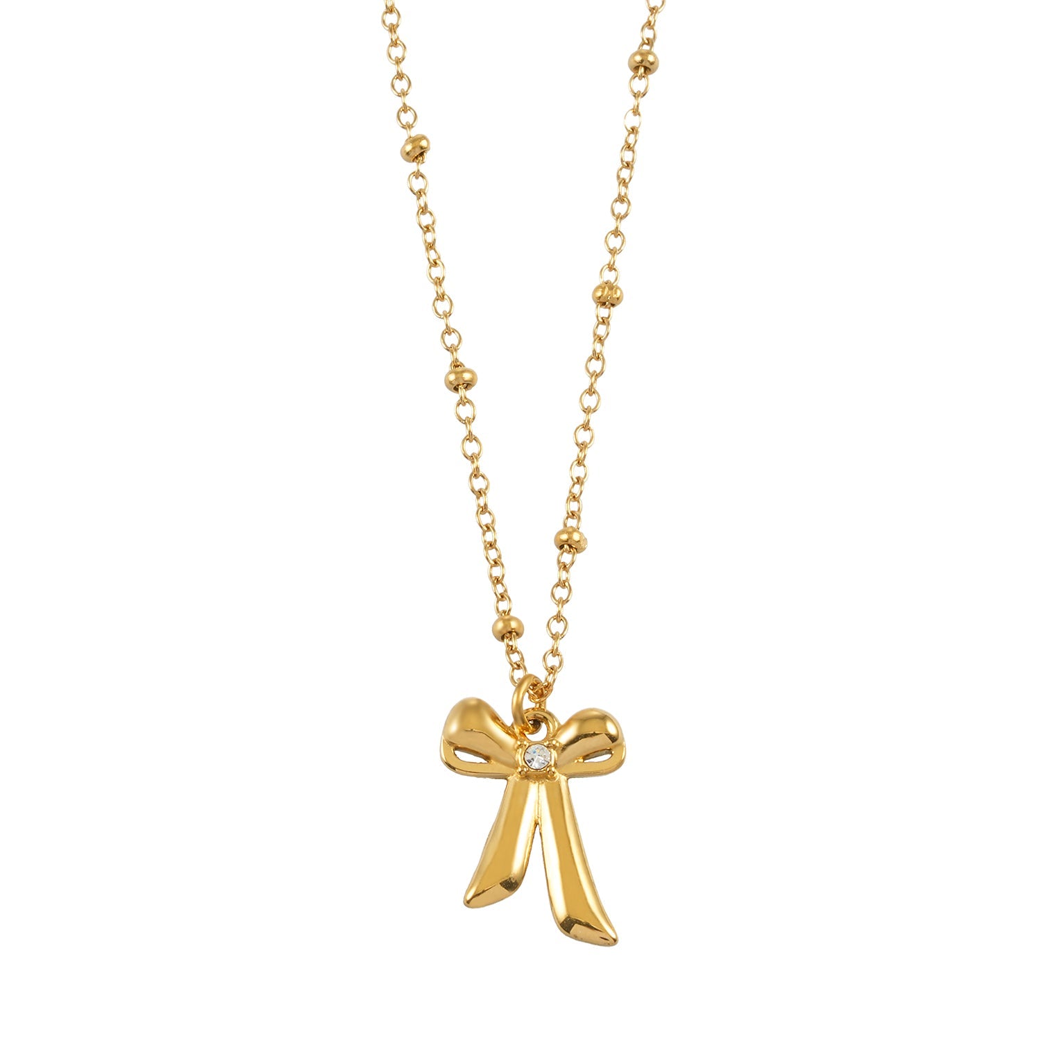 TALIANA Gold : Collier délicat à perles avec pendentif nœud et zircone solitaire – Bijou élégant pour tous les jours