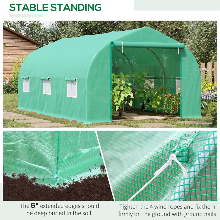 Outsunny 15' x 10' x 7' Walk-in Greenhouse Outdoor Plant Tunnel Warm Hot House w/ Roll Up Door and 6 Mesh Windows, Steel Frame, Green