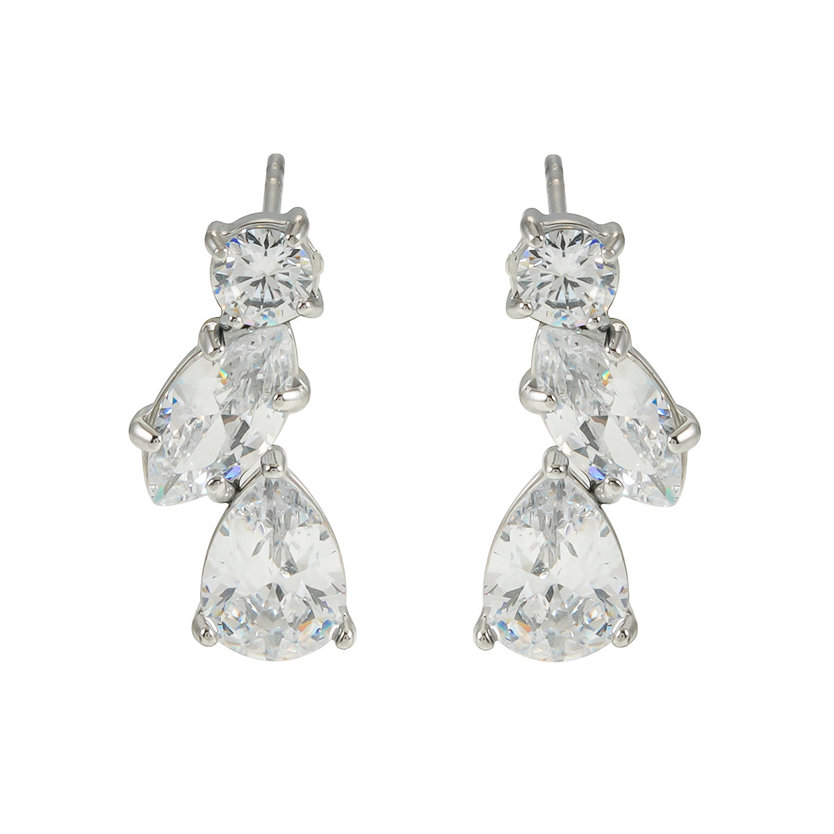 THEOLA : Boucles d'oreilles créoles en forme de pile de trois moissanites, effet éclatant, en or blanc argenté.