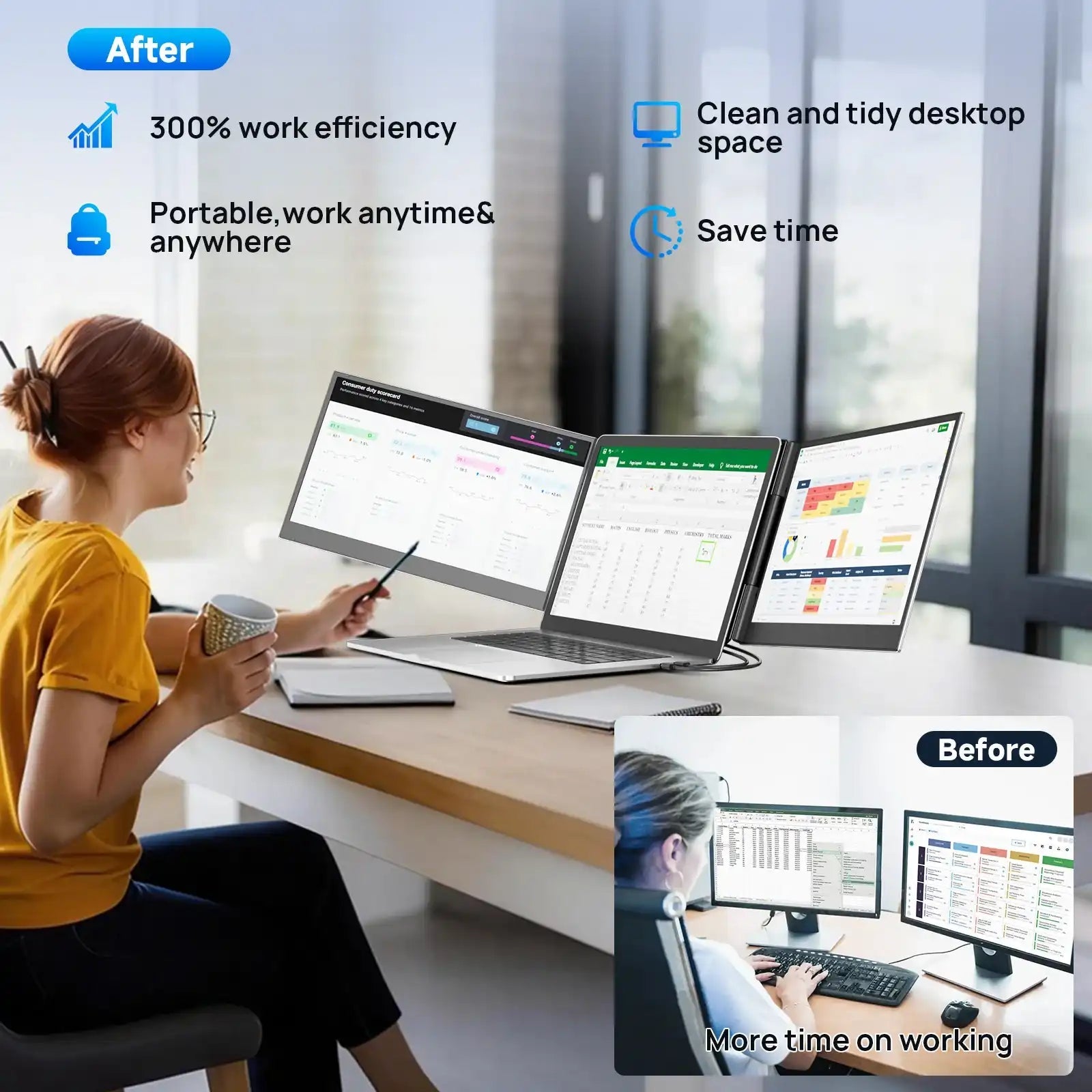 TUTT 15.6″ Dual Screen Portable Monitor, Silver Ultra Thin & Light |USB-C + HDMI Setup, Built-In Speaker + Leather Bag | H5 Video Transmission Cable Included P7
