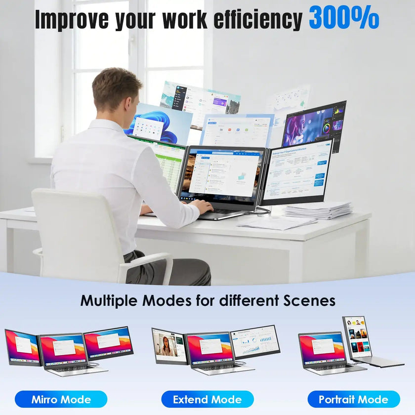 TUTT 15.6″ Dual Screen Portable Monitor, Silver Ultra Thin & Light |USB-C + HDMI Setup, Built-In Speaker + Leather Bag | H5 Video Transmission Cable Included P7