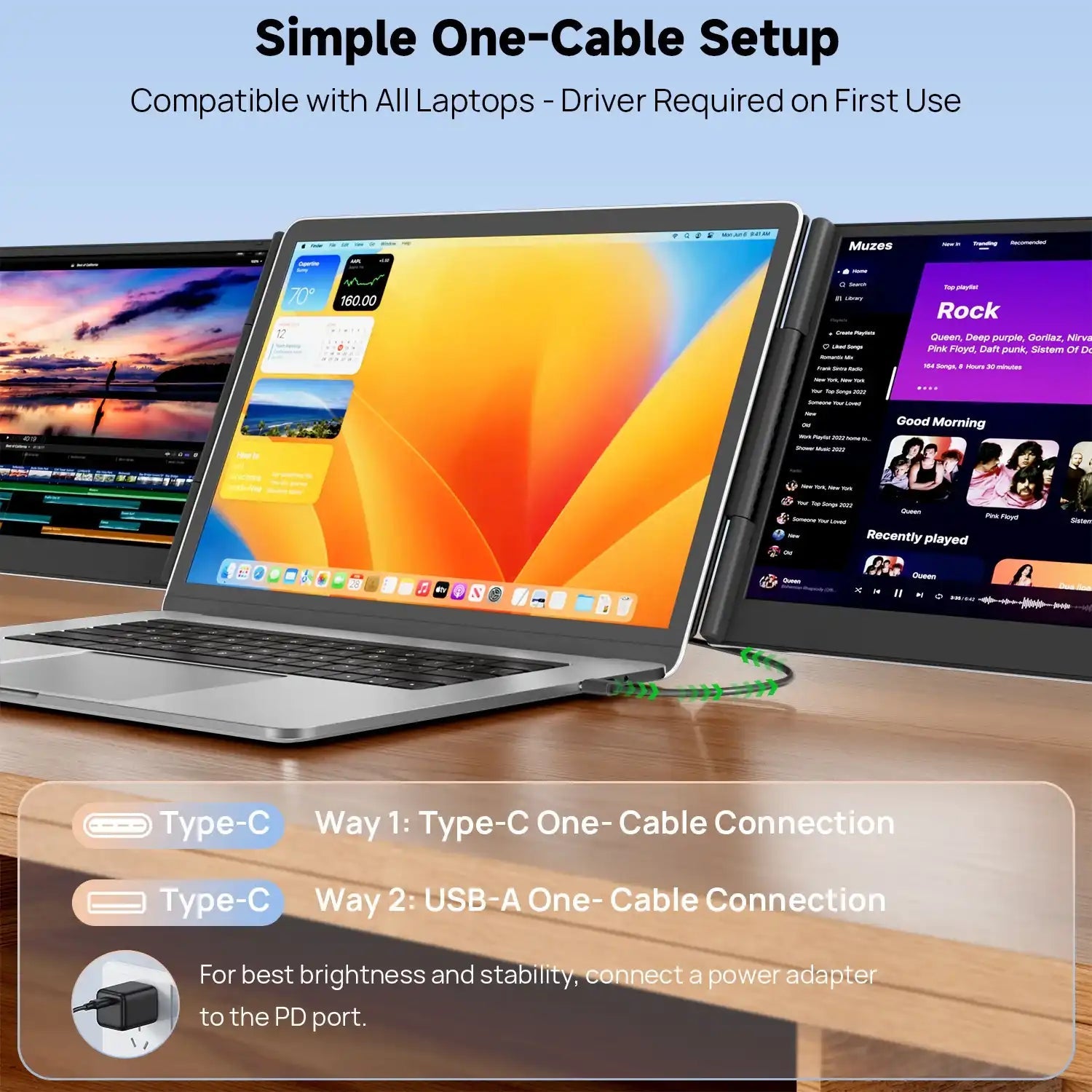 TUTT 15.6″ Dual Screen Portable Monitor | Single USB-C Cable Setup |  Silver Ultra Thin & Light, Built-In Speaker + Leather Bag | P7 Pro
