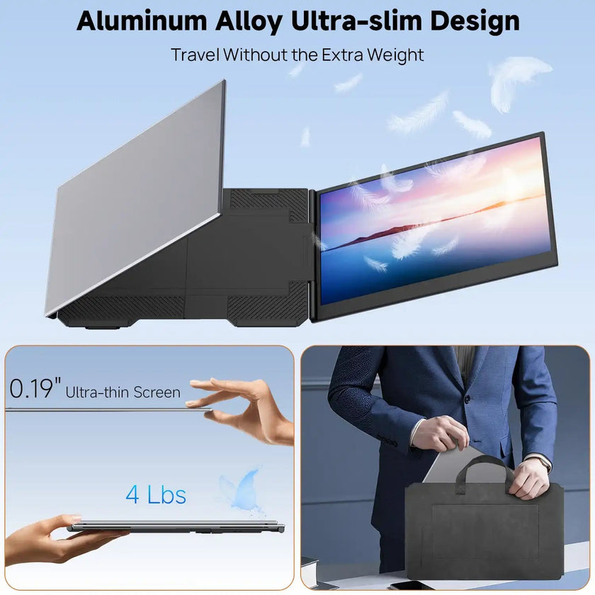 TUTT 15.6″ Dual Screen Portable Monitor | Single USB-C Cable Setup |  Silver Ultra Thin & Light, Built-In Speaker + Leather Bag | P7 Pro