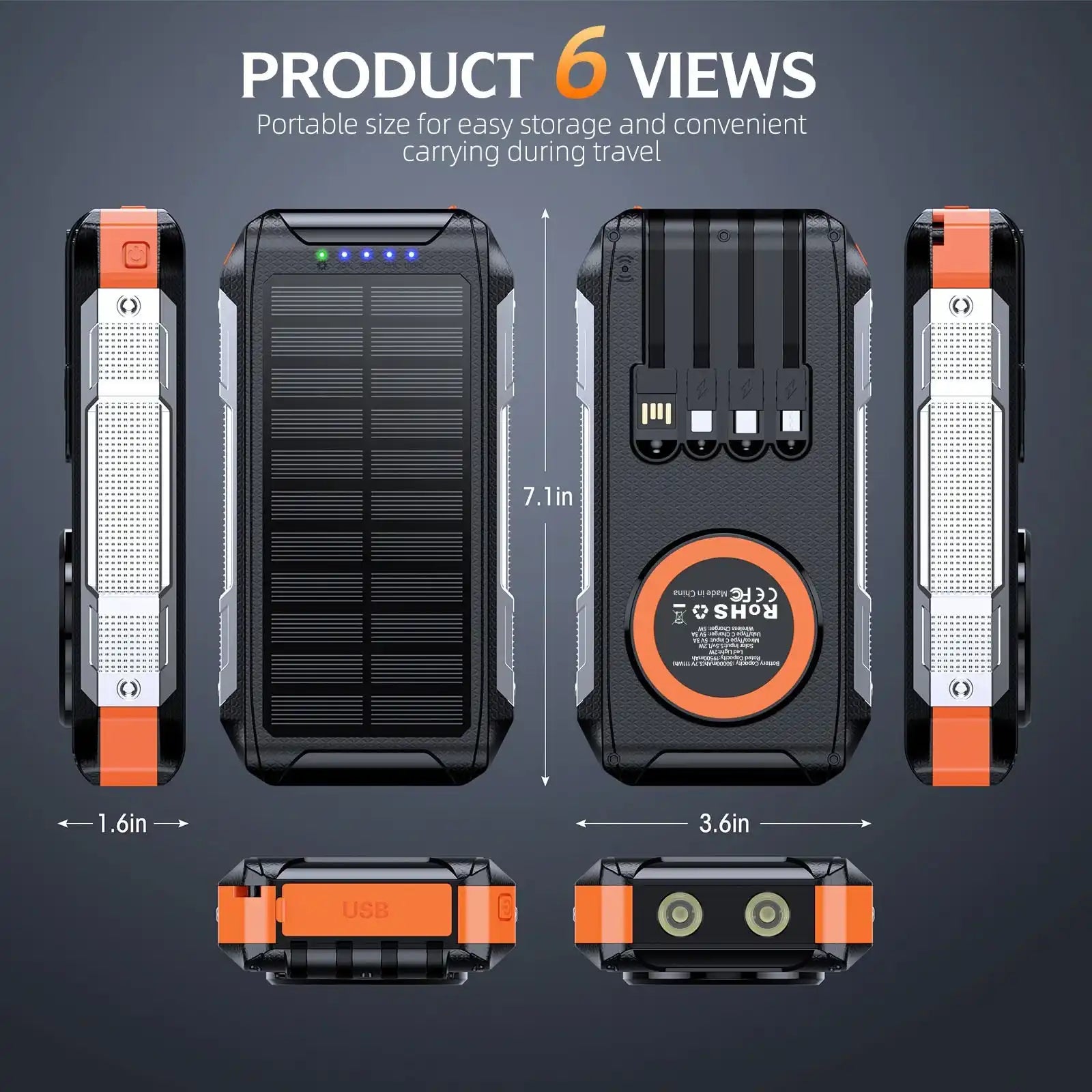 TUTT Solar Power Bank 30,000mAh Rugged Magnetic Wireless Power Bank | MagSafe Built-in Cable, Flashlight | USB-C/Lightning/Micro-USB S5