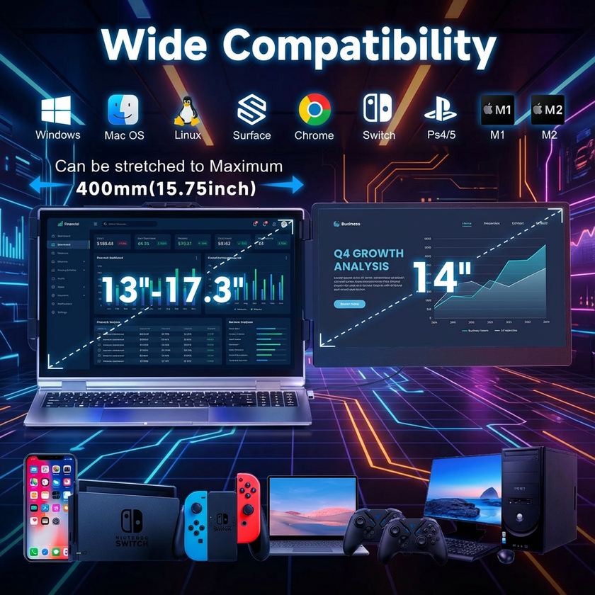 TUTT 14” Single Portable Monitor, Dual Screen Extender, Built-in Stand and Speakers, All Devices, S1