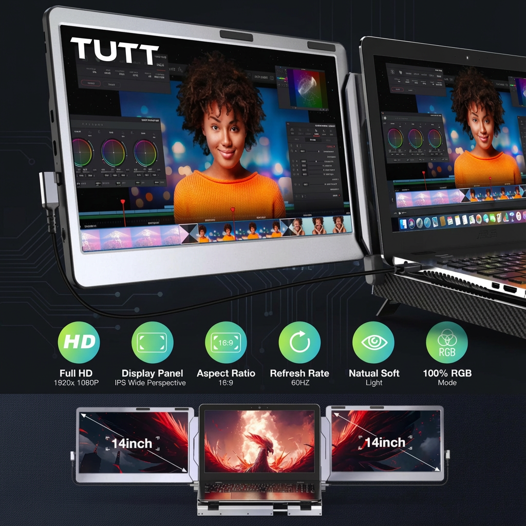 TUTT 14'' Portable Monitor | Laptop Base | 360° Rotation Stand, Multi-Position | F3 Built-In Speaker | All Devices Compatible (H5 Converter Cable Included)