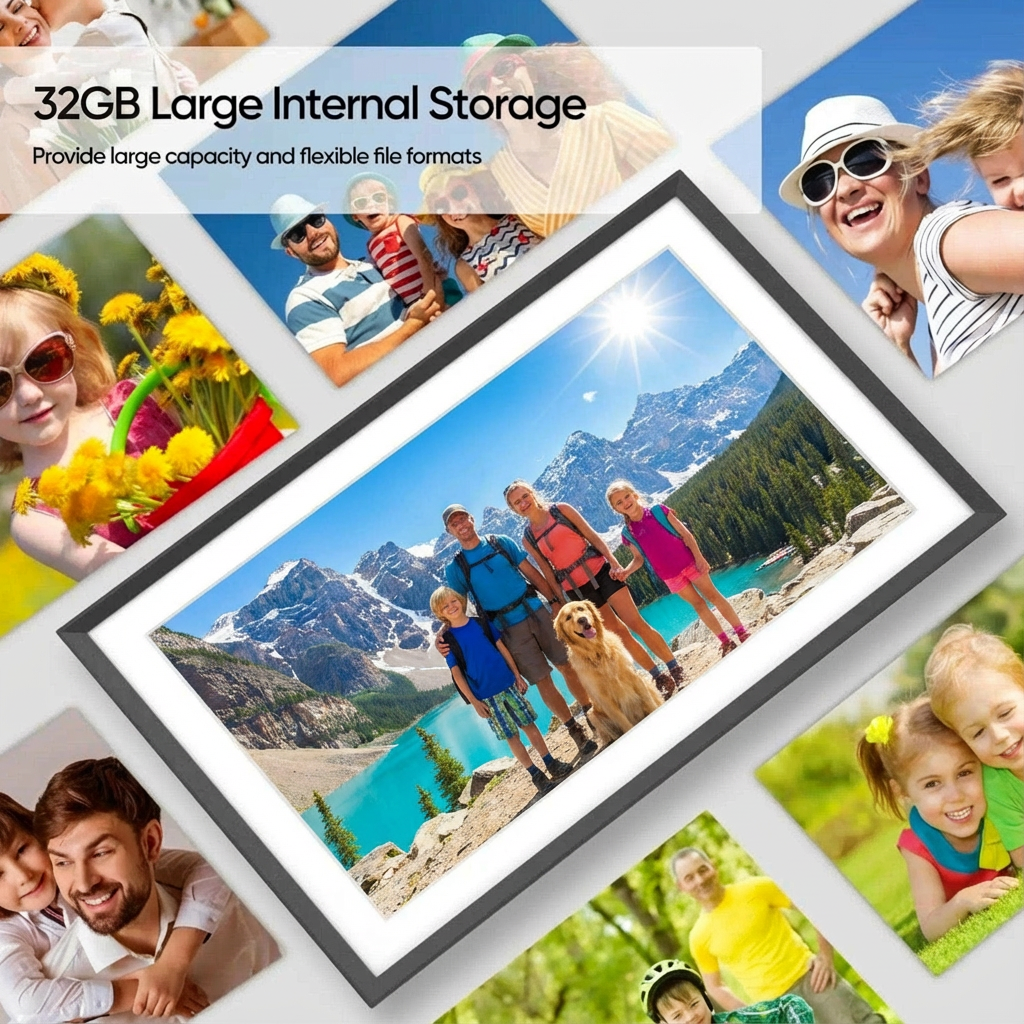 TUTT 15.6” Digital Photo Frame | WiFi Touch Screen Internal 32 GB | Frameo App | Tabletop or Wall-Mounted | 128GB Micro SD + Reader (Optional)