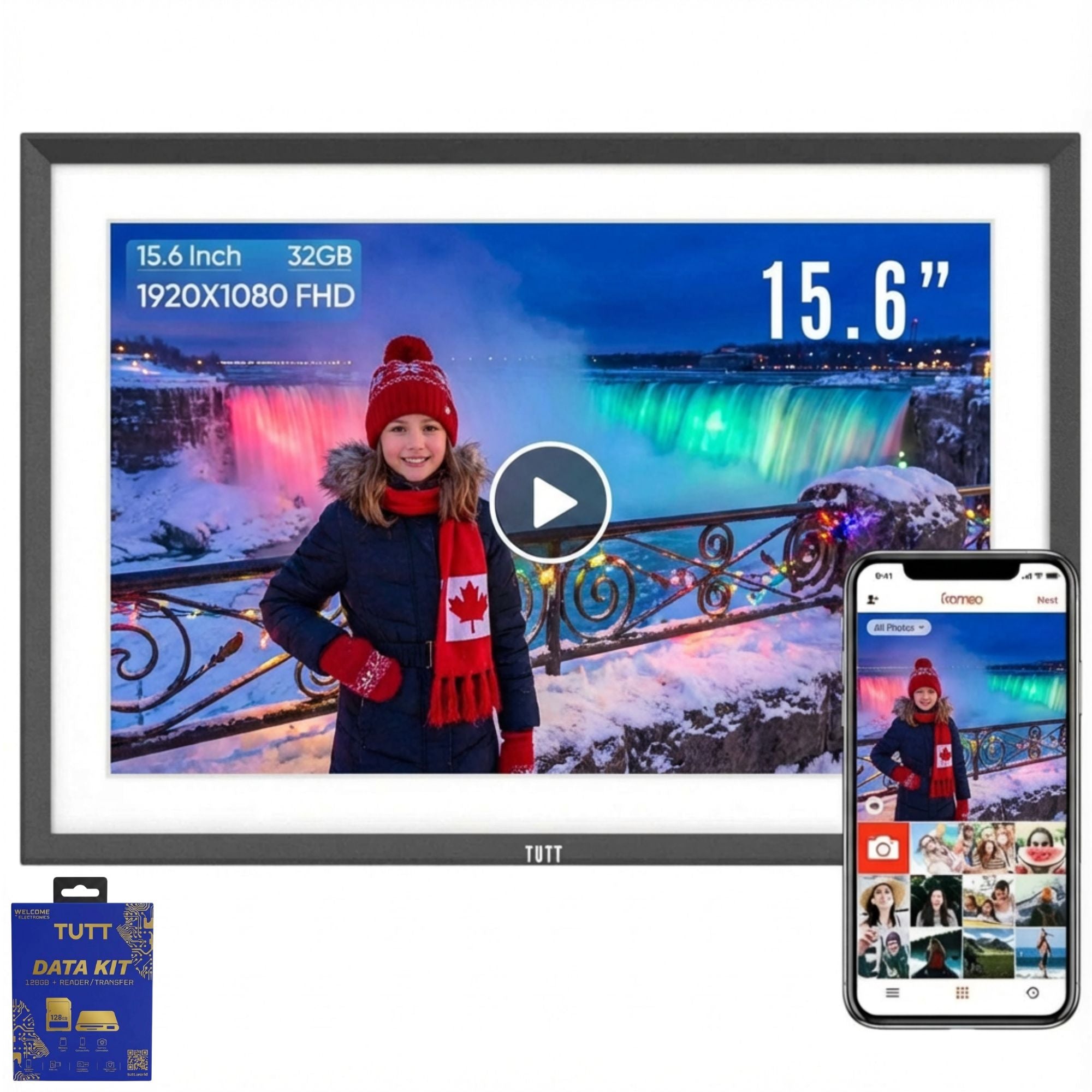 TUTT 15.6” Digital Photo Frame | WiFi Touch Screen Internal 32 GB | Frameo App | Tabletop or Wall-Mounted | 128GB Micro SD + Reader (Optional)