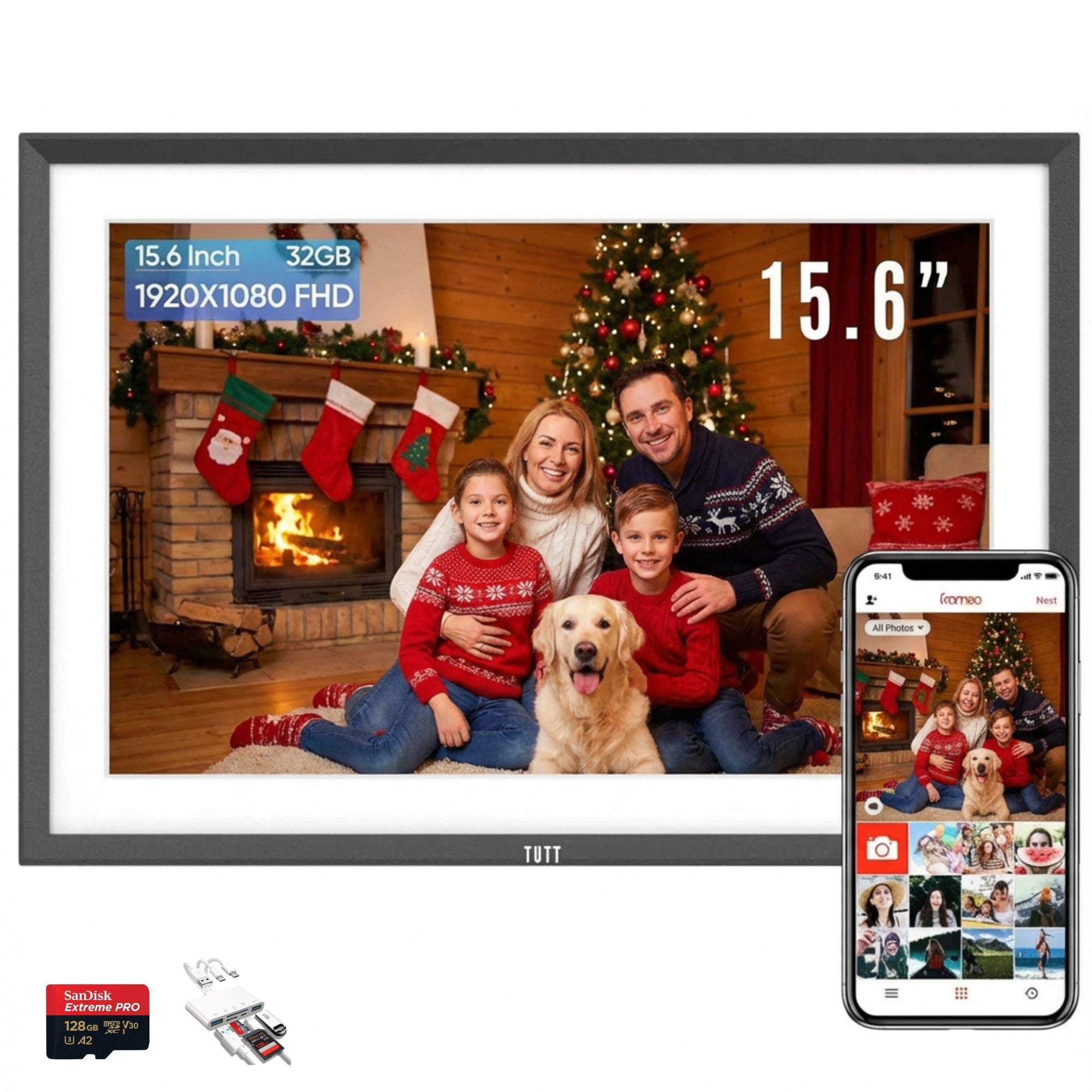 TUTT 15.6” Digital Photo Frame | WiFi Touch Screen Internal 32 GB | Frameo App | Tabletop or Wall-Mounted | 128GB Micro SD + Reader (Optional)