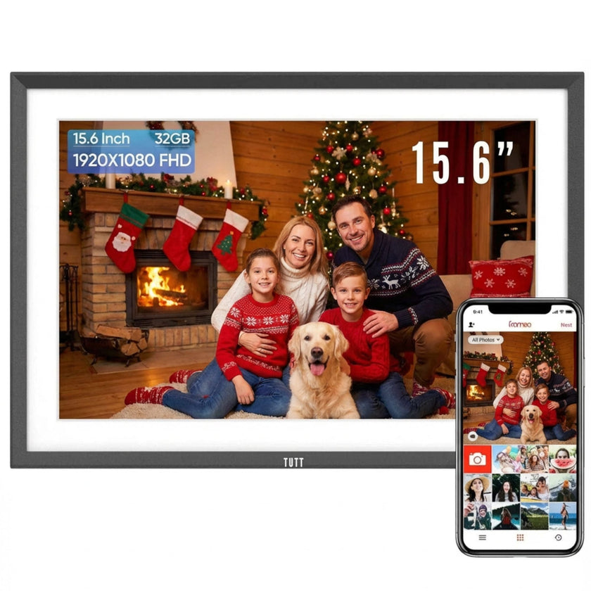TUTT 15.6” Digital Photo Frame | WiFi Touch Screen Internal 32 GB | Frameo App | Tabletop or Wall-Mounted | 128GB Micro SD + Reader (Optional)
