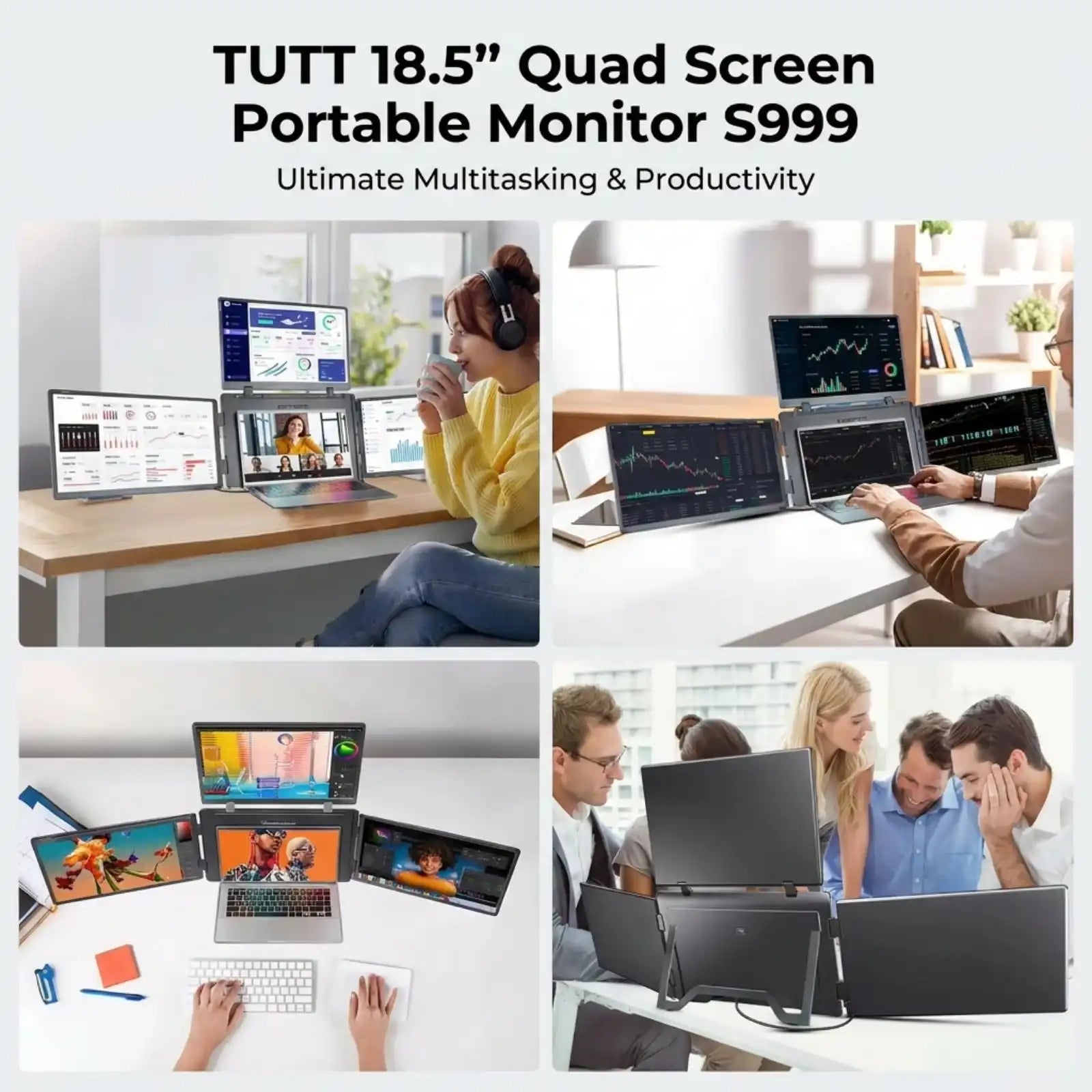 TUTT 18.5″ Quad Screen Portable Monitor For Laptop S999 | Single Cable Setup | 1080p IPS | sRGB 100%