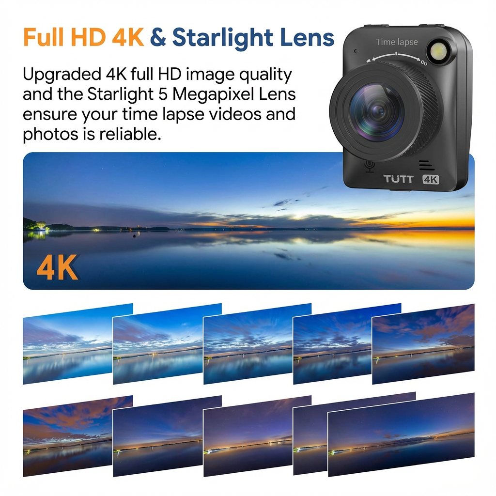 TUTT 4K Time Lapse Camera - 32MP Professional Construction & Vlogging Action Camera T7