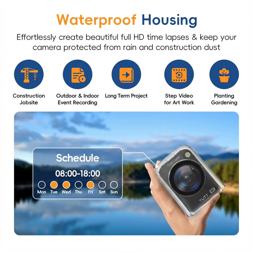 TUTT 4K Time Lapse Camera - 32MP Professional Construction & Vlogging Action Camera T7