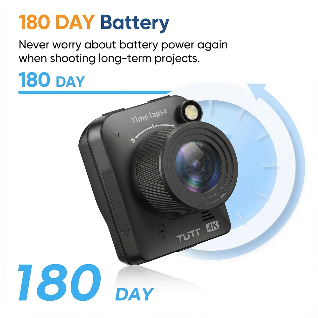 TUTT 4K Time Lapse Camera - 32MP Professional Construction & Vlogging Action Camera T7