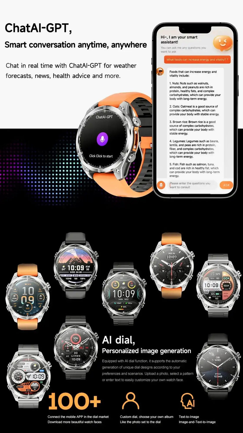 TUTT Tactical Smart Watch For Men | 1.43 Dial | Compass Flashlight Chat-GPT 3TAM Waterproof | Rugged Fitness and Health Tracker | H300 Smartwatch 400mAh Battery