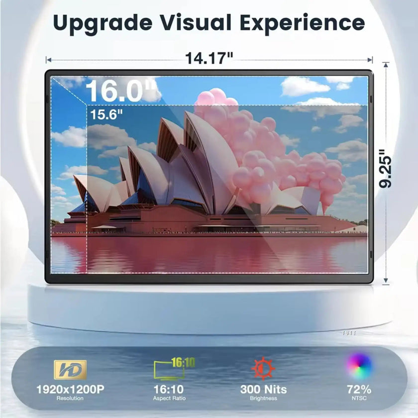 TUTT 16” Portable Monitor FHD | Ultra-Thin 16:10 Ratio | 360° Rotating Stand | USB-C & HDMI | Gaming Monitor for PC MAC Computer Switch Phone Xbox PS4/5 N3