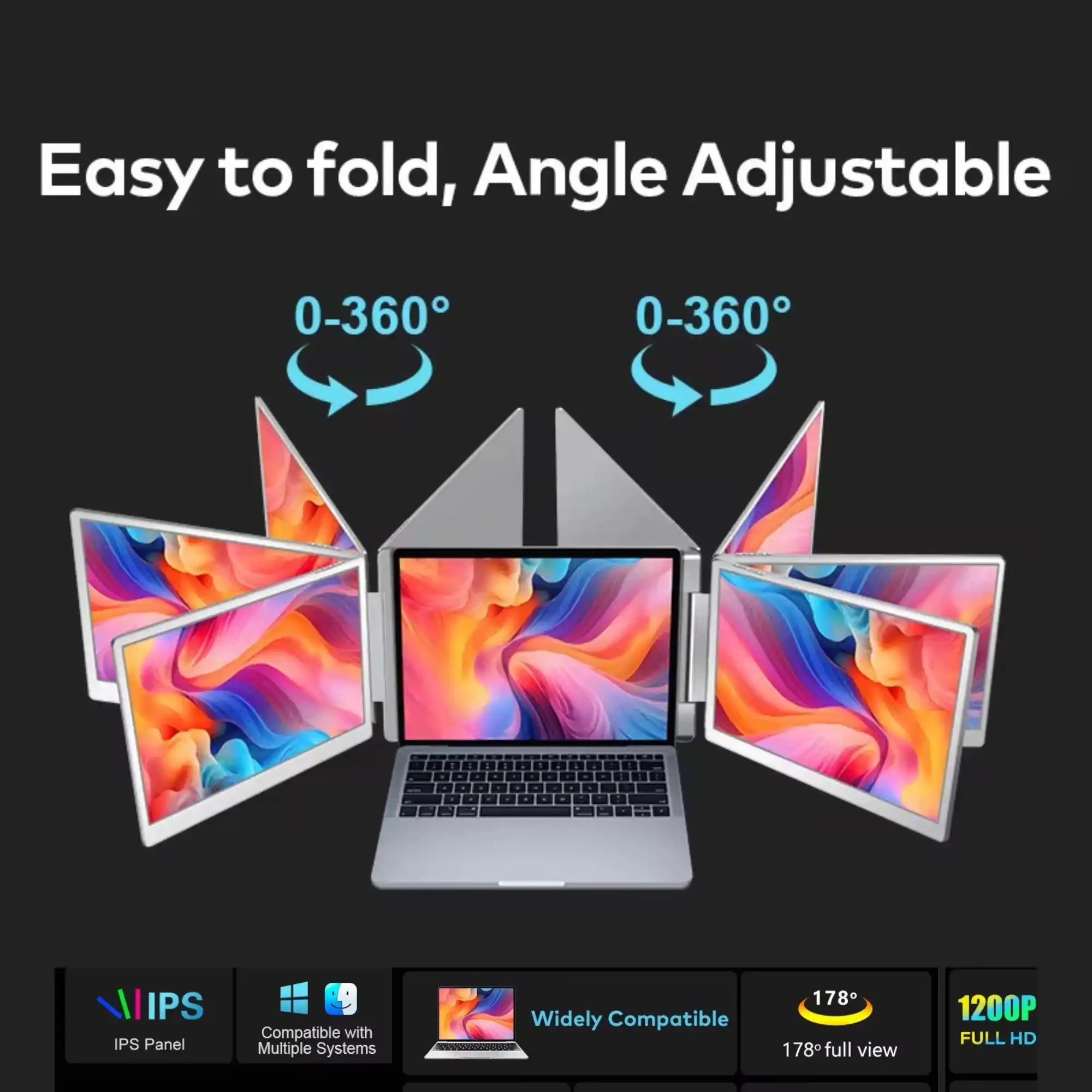 TUTT 15.6” Dual Portable Monitor | 16:9 Ratio FHD IPS Triple Screen Extender | Rotating Right Screen | Standalone | H5 Converter Cable | Windows, Mac OS – S10