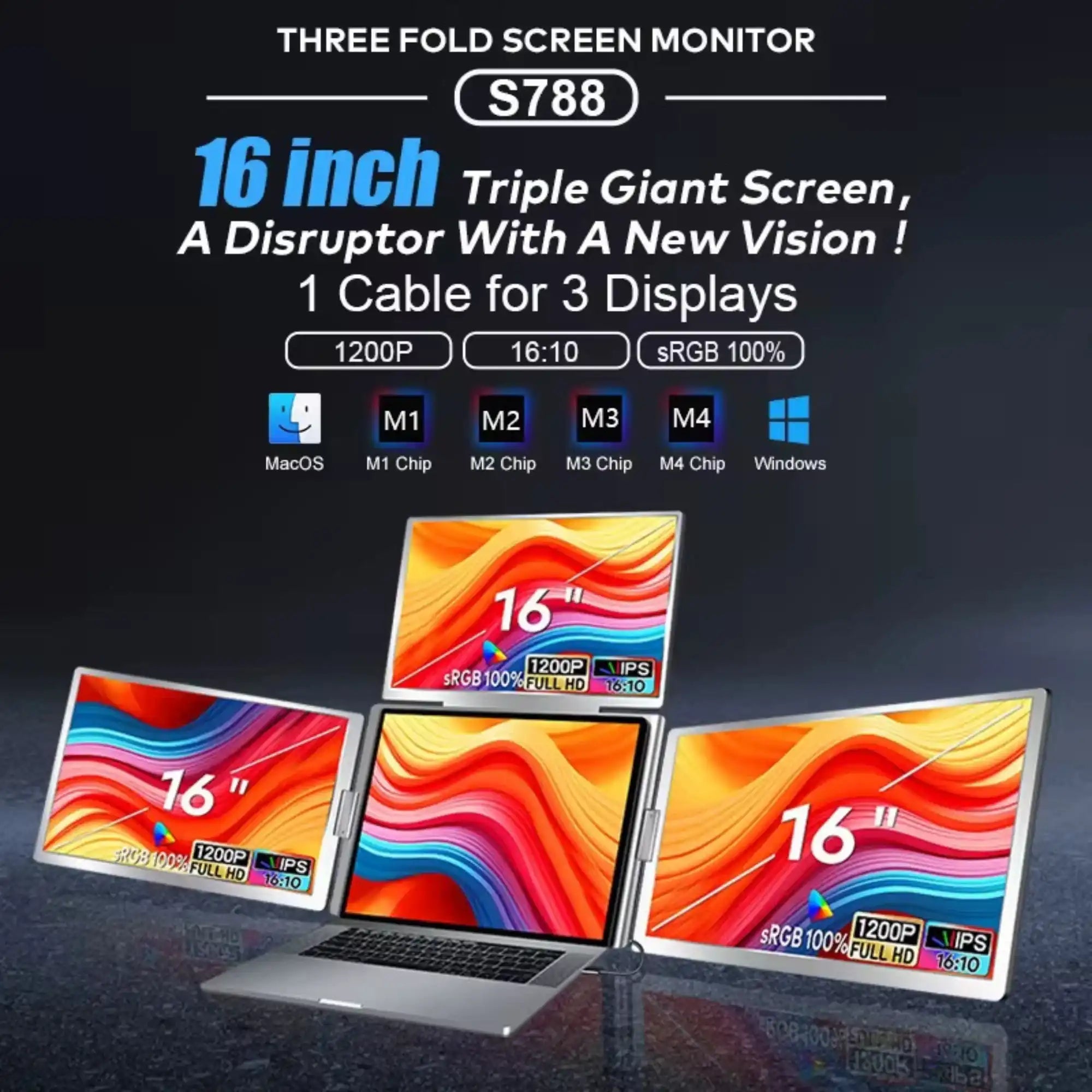 TUTT 16” Quad Screen Extender | Single Cable Setup | 16:10 IPS | Stand-Alone Portable Monitor For Laptop Mac & Windows S788