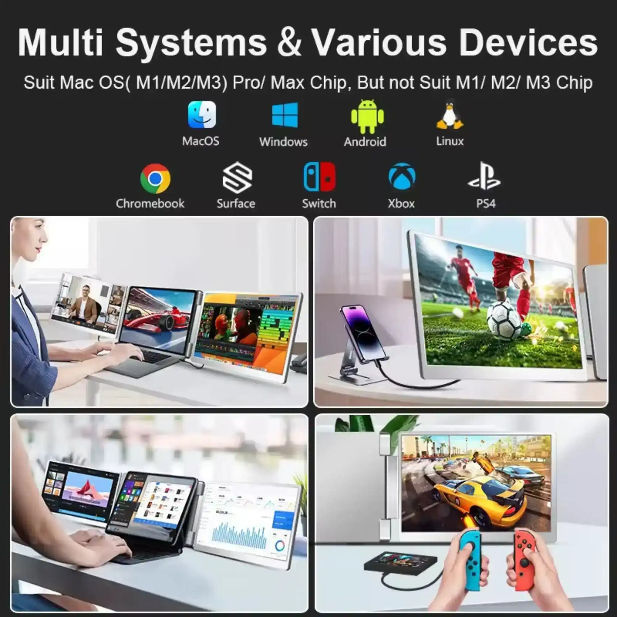 TUTT 15.6” Dual Portable Monitor | 16:9 Ratio FHD IPS Triple Screen Extender | Rotating Right Screen | Standalone | H5 Converter Cable | Windows, Mac OS – S10
