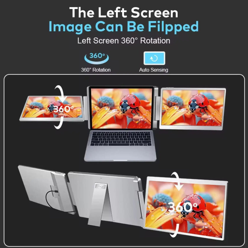 TUTT 14” Dual Portable Monitor | 16:10 Ratio FHD IPS Triple Screen Extender | Rotating Right Screen | Stand Alone | H5 Converter Cable | Windows, Mac OS S7