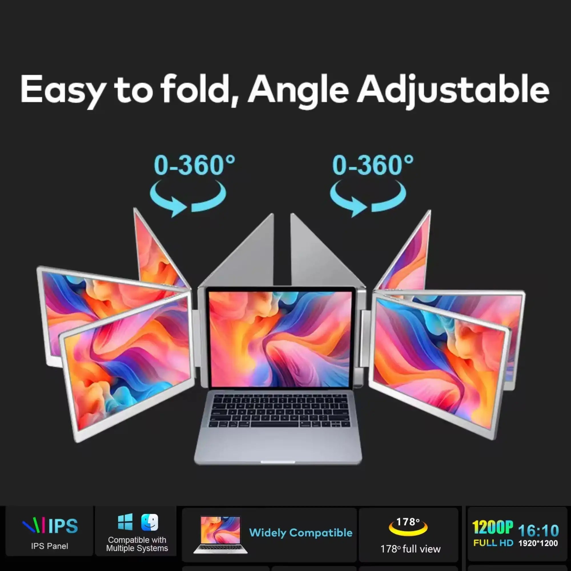 TUTT 14” Dual Portable Monitor | 16:10 Ratio FHD IPS Triple Screen Extender | Rotating Right Screen | Stand Alone | H5 Converter Cable | Windows, Mac OS S7