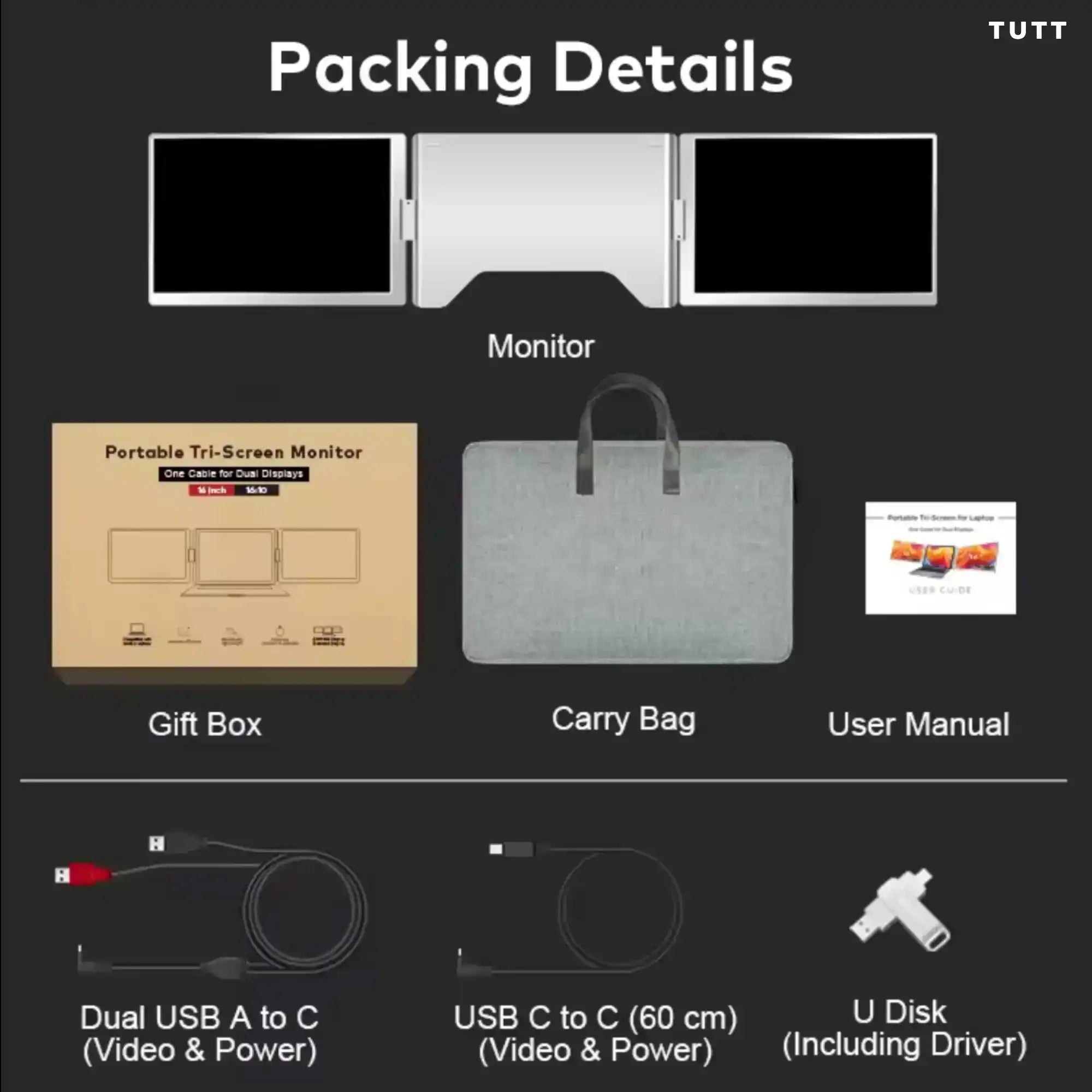 TUTT 16” Dual Portable Monitor | Single Cable Connection | 16:10 Ratio IPS, Stand-Alone Design | Windows, MacBook | S900