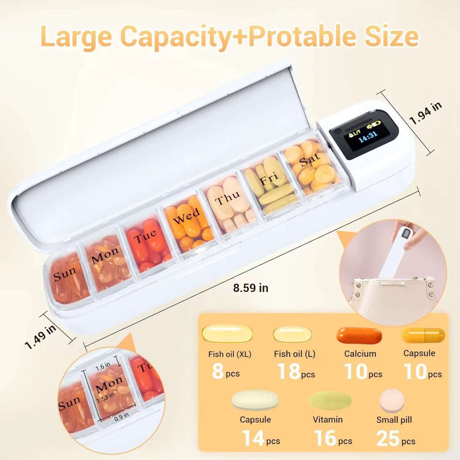TUTT Smart Pill Organizer | Bluetooth 7-Day Medication Dispenser, Reminder Box | With Alarm for iOS & Android