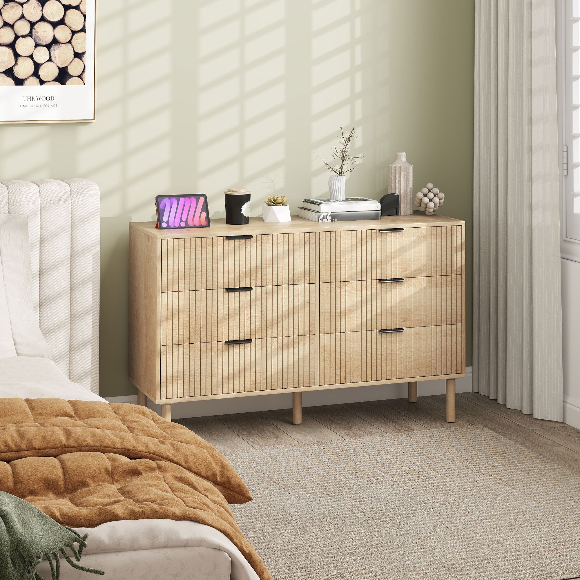 Jesse 6 Drawer Dresser with Fluted Panels-Oak