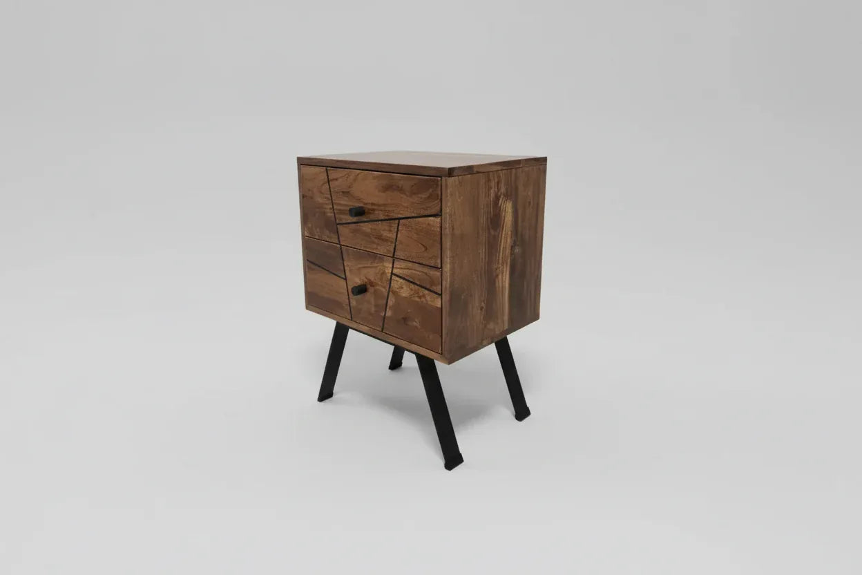Table d'appoint style Mid-Century en bois D'Acacia avec 2 tiroirs