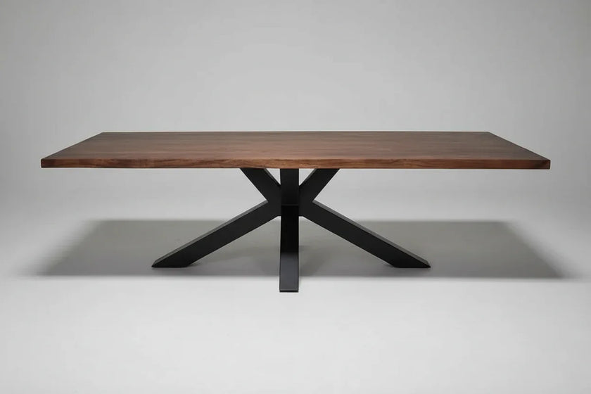Table à diner patte Spider noir mat avec plateau en bois d'acacia brun