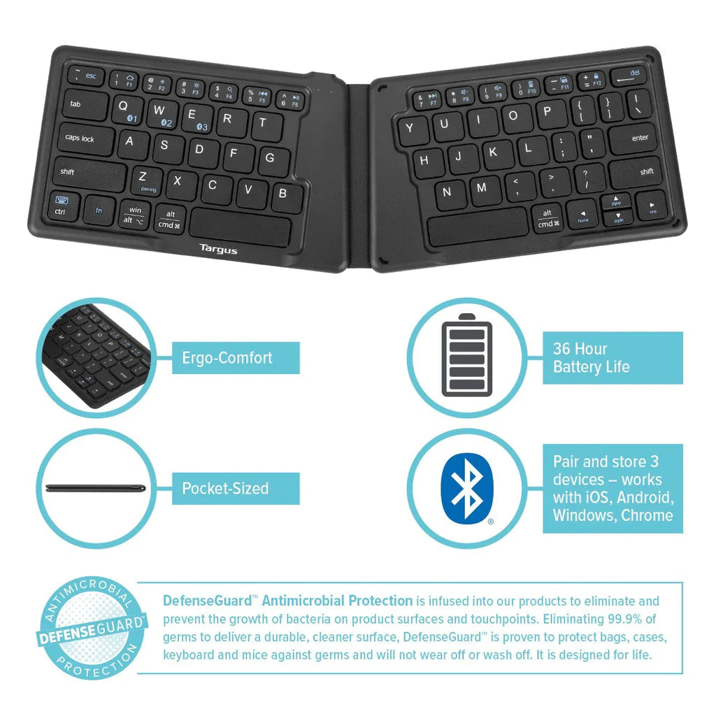 Targus - Clavier Bluetooth pliable, antibactérien, ergonomique, connectable à 3 appareils maximum, PC/Mac/Android/iOS (AKF003US)