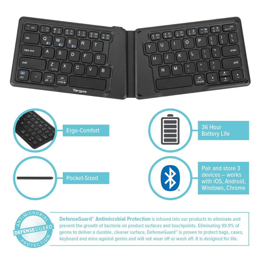Targus - Clavier Bluetooth pliable, antibactérien, ergonomique, connectable à 3 appareils maximum, PC/Mac/Android/iOS (AKF003US)