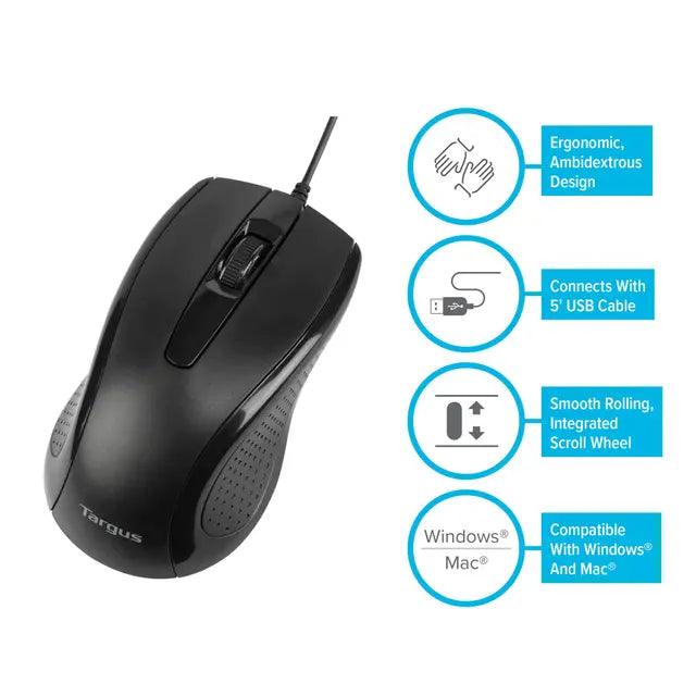 Targus - Mouse Wired 3 Button Full Size Optical Ergonomic Ambidextrous 1000dpi PC/Mac - Black (AMU81USZ)