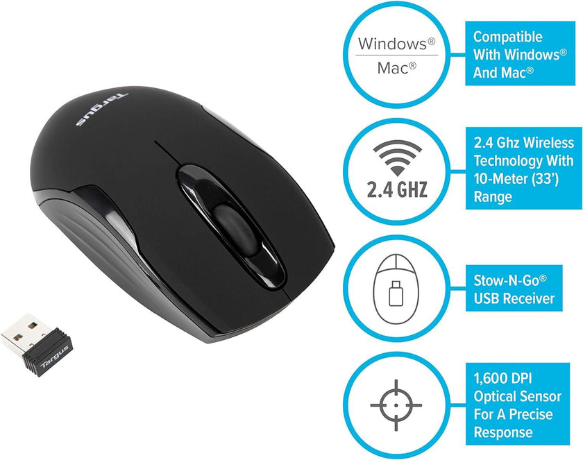 Targus - Mouse Wireless Optical Ergonomic Ambidextrous 1600dpi PC/Mac - Matte Black