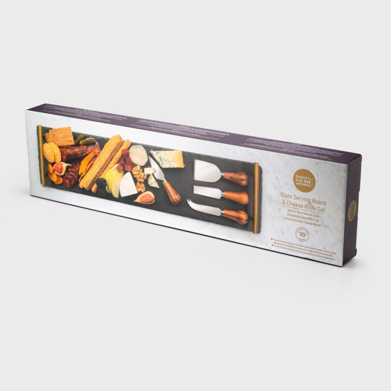 Taylor's Eye Witness - Slate Charcuterie Brd Gold Handles & (Set of 4) Cheese Knives