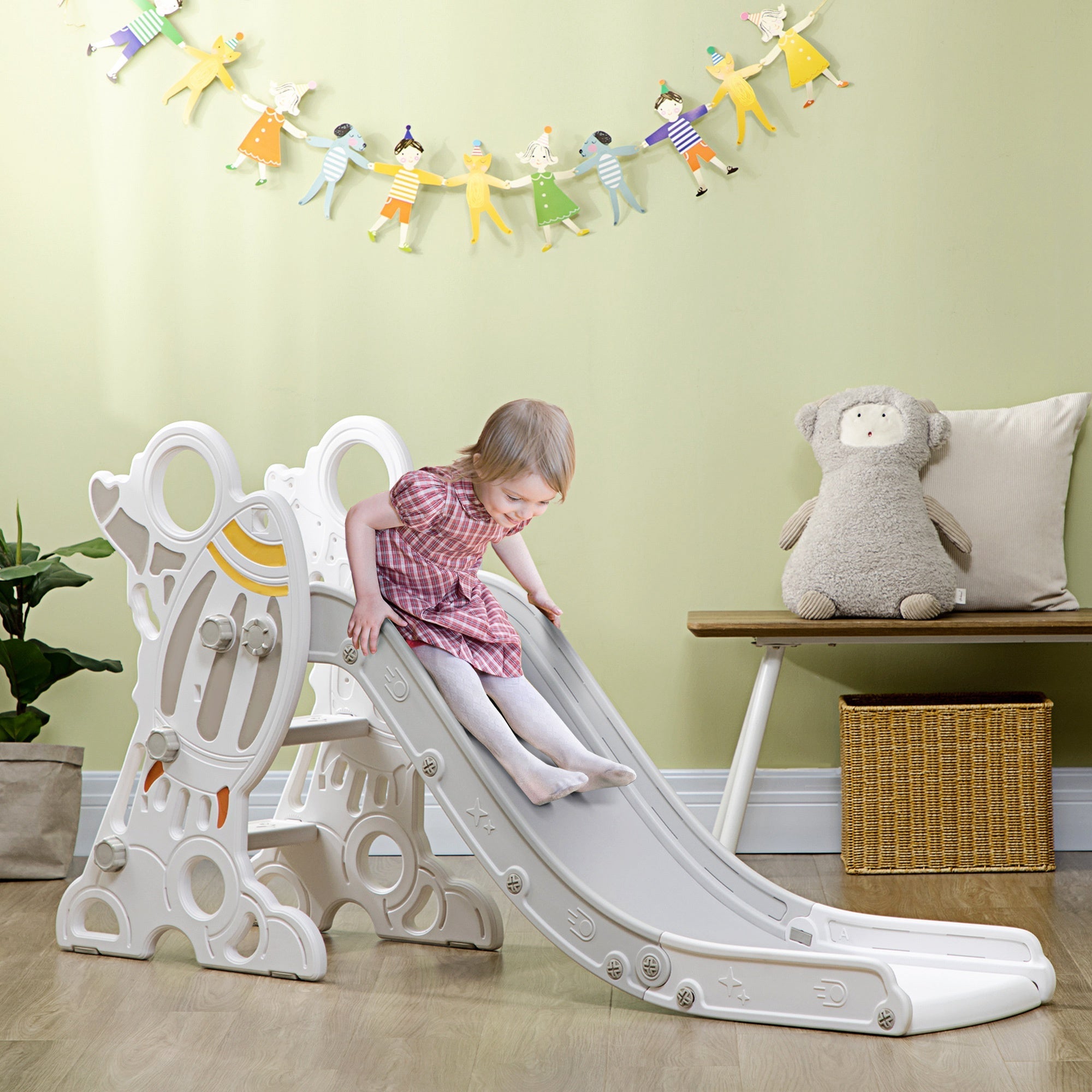 Qaba Space-Themed Indoor Playground Slide Climber Playset Toys for Toddlers 1.5-3 Years Old Grey Color