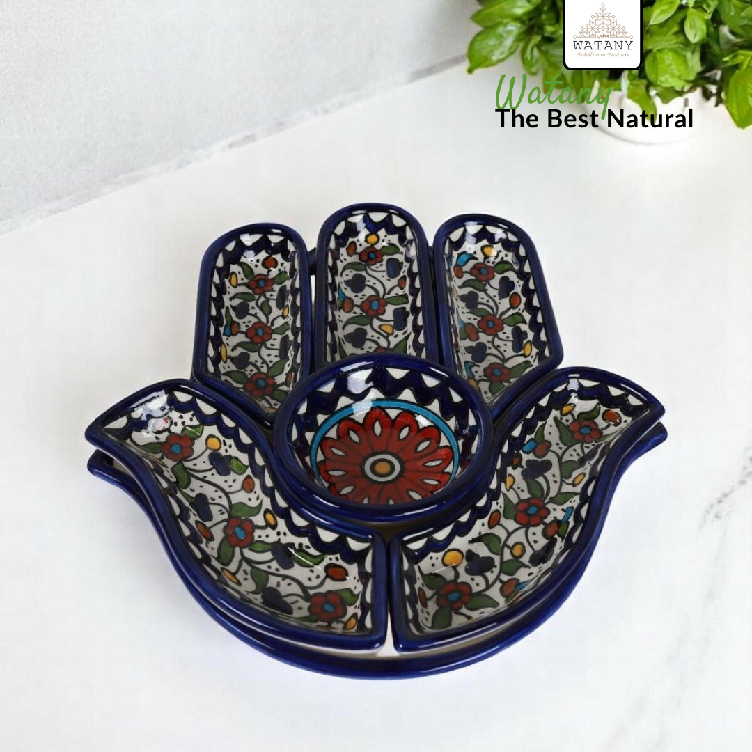 Palestinian Hand Nuts Tray 32×32×10 cm – Handmade Ceramic Serving Platter, Multi-Compartment Snack Tray & Decorative Centerpiece