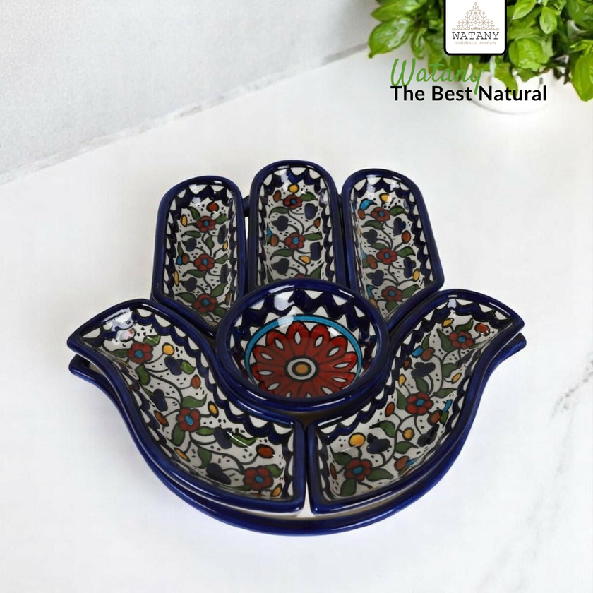 Palestinian Hand Nuts Tray 32×32×10 cm – Handmade Ceramic Serving Platter, Multi-Compartment Snack Tray & Decorative Centerpiece