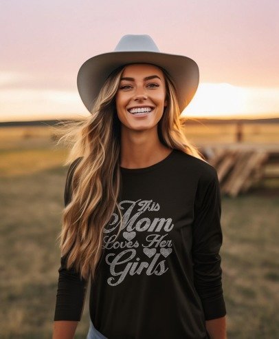 This Mom Loves Her Girls Rhinestone T-Shirt – Sparkly Mom Life Tee | Blingdazzel