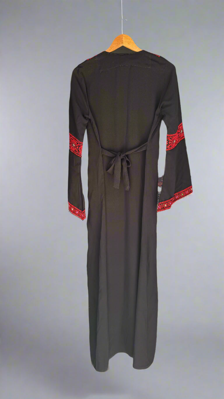 Kids Palestinian Thobe Traditional Dress | Black with Red Tatreez Embroidery – Sizes Toddler to Youth